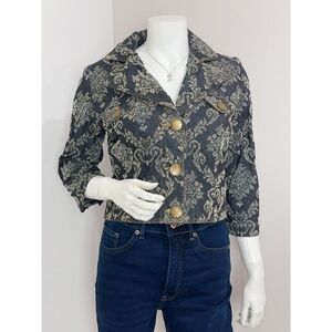 Parallel Women's Dark Blue Green Floral Cropped Denim Jacket Size 2